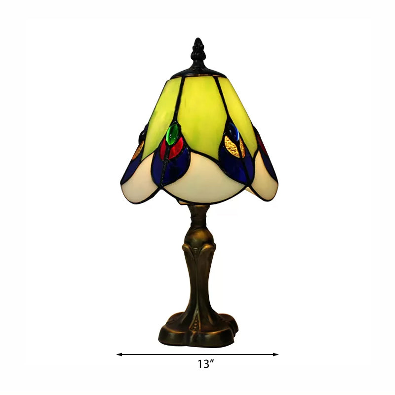 Stained Glass Cone Table Light with Metal Base and Gem/Grape/Peacock Tail Pattern 1 Light Tiffany Table Lighting for Bedside