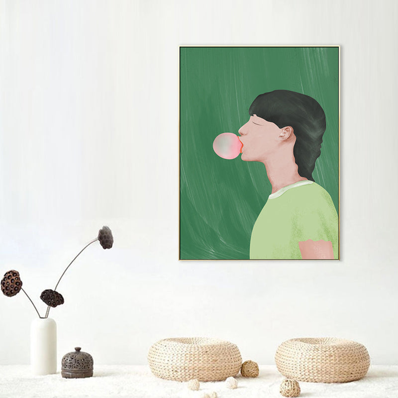 Green Nordic Style Art Print Boy Chewing Gum Drawing Wall Decor for Teenage Room