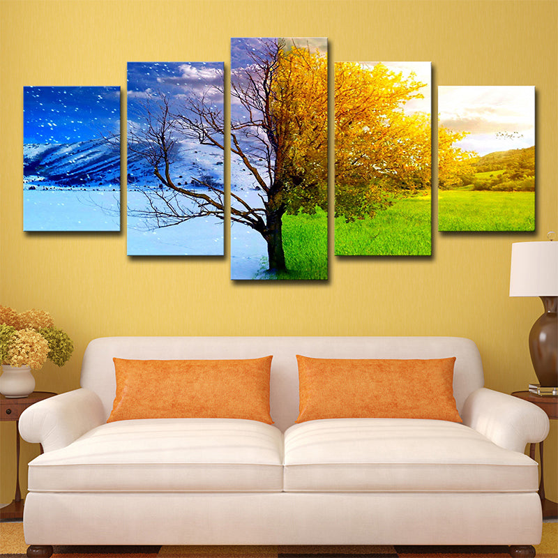 Modernist Wall Art Decor Blue-Yellow Winter and Fall Tree Canvas Print for Living Room