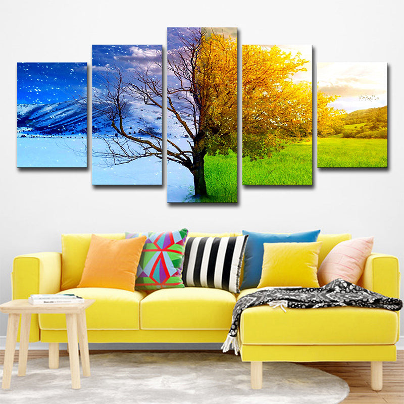 Modernist Wall Art Decor Blue-Yellow Winter and Fall Tree Canvas Print for Living Room