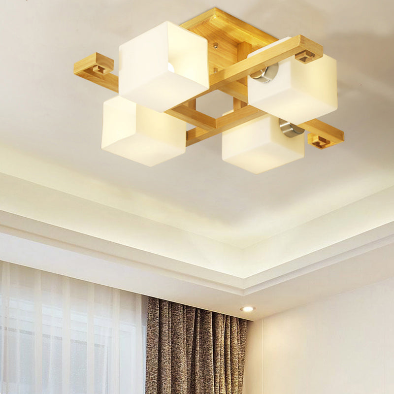 Cube Shade LED Flush Mount Light Japanese Style Wood & Milk Glass Ceiling Lamp for Office