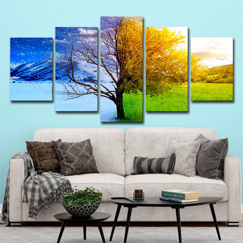 Modernist Wall Art Decor Blue-Yellow Winter and Fall Tree Canvas Print for Living Room