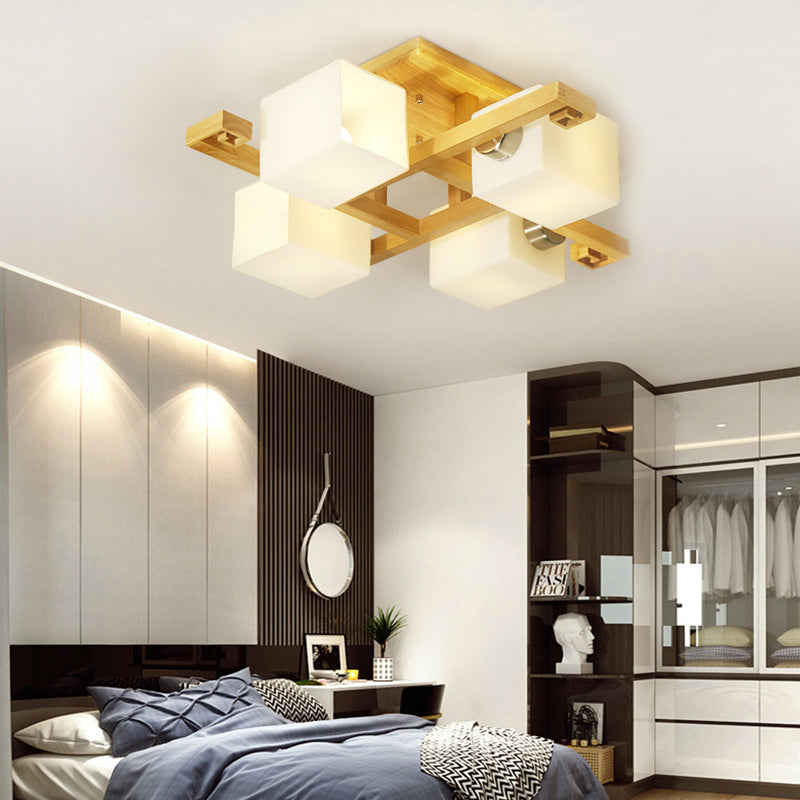 Cube Shade LED Flush Mount Light Japanese Style Wood & Milk Glass Ceiling Lamp for Office