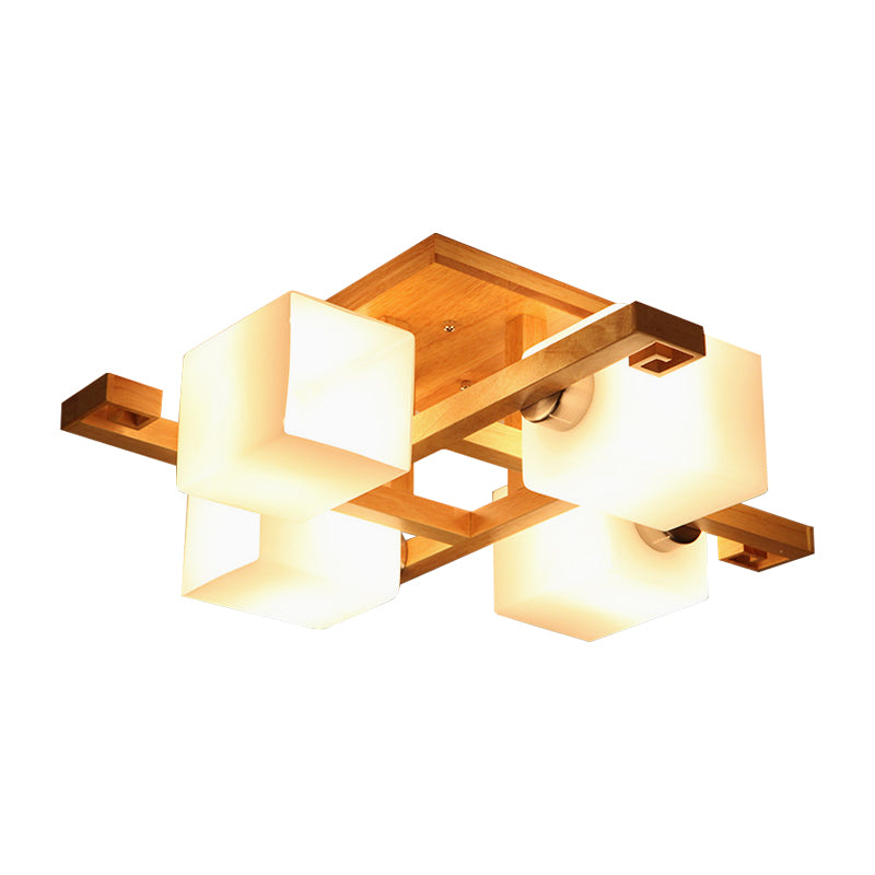 Cube Shade LED Flush Mount Light Japanese Style Wood & Milk Glass Ceiling Lamp for Office