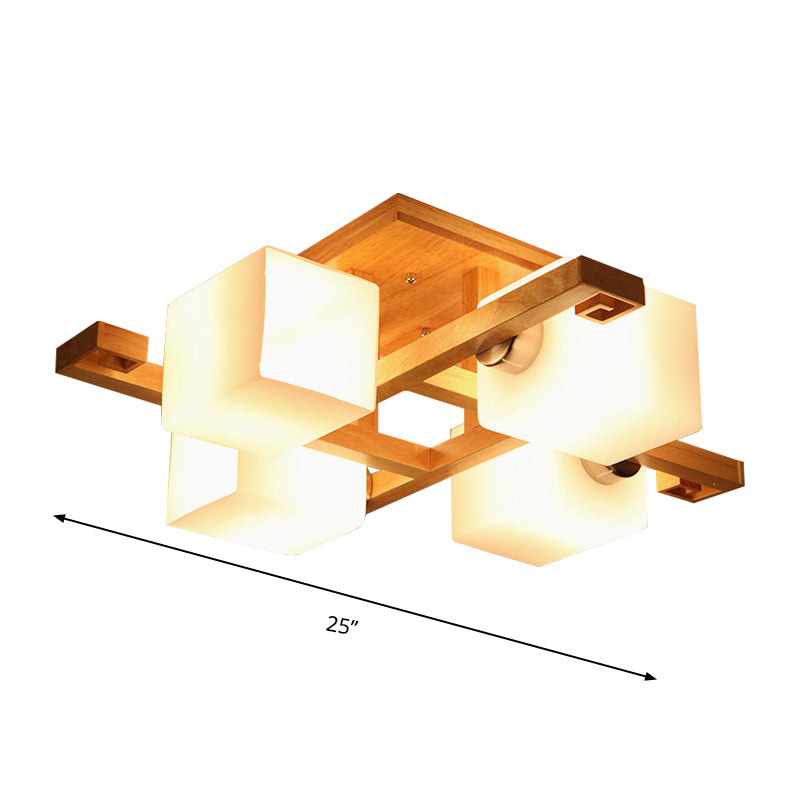 Cubo Tono LED FLUSH MOUTE Montaje Lámpara de techo de vidrio de madera y leche de estilo japonés para oficina