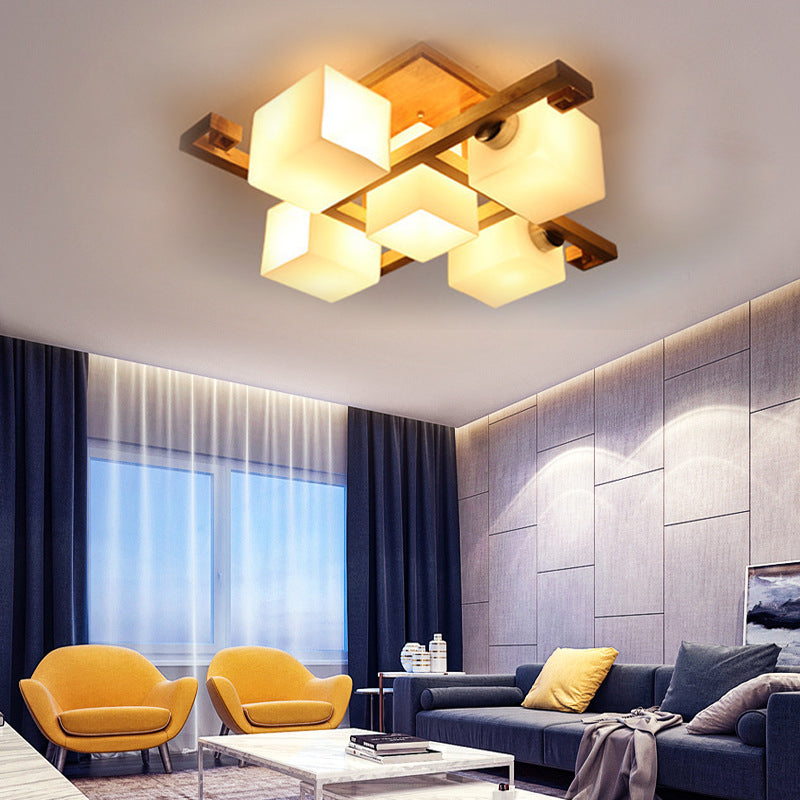 Cube Shade LED a filo a sfioro chiaro giapponese in legno e latte lampada a soffitto in vetro per ufficio