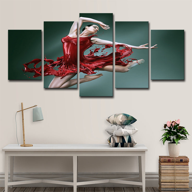 Ballerina Canvas Wall Art Multi-Piece Modern Style Girls Room Wall Decor in Red-Green