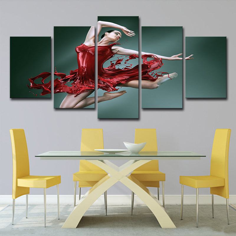 Ballerina Canvas Wall Art Multi-Piece Modern Style Girls Room Wall Decor in Red-Green