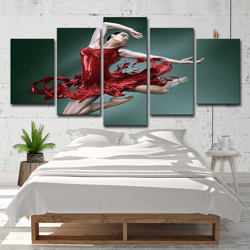 Ballerina Canvas Wall Art Multi-Piece Modern Style Girls Room Wall Decor in Red-Green