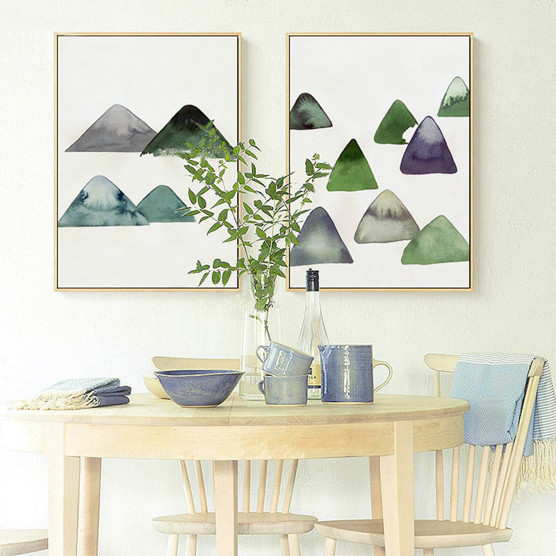 Cute Mountains Drawing Wall Art Asian Textured Canvas Print in White for Dining Room