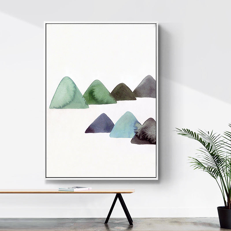 Cute Mountains Drawing Wall Art Asian Textured Canvas Print in White for Dining Room