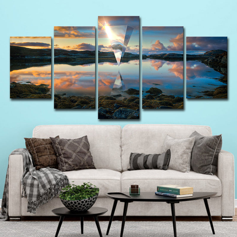 Sunset Lake Reflection Canvas Art Modern Picturesque Scenery Wall Decor in Blue for Home