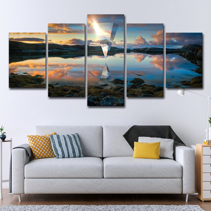 Sunset Lake Reflection Canvas Art Modern Picturesque Scenery Wall Decor in Blue for Home