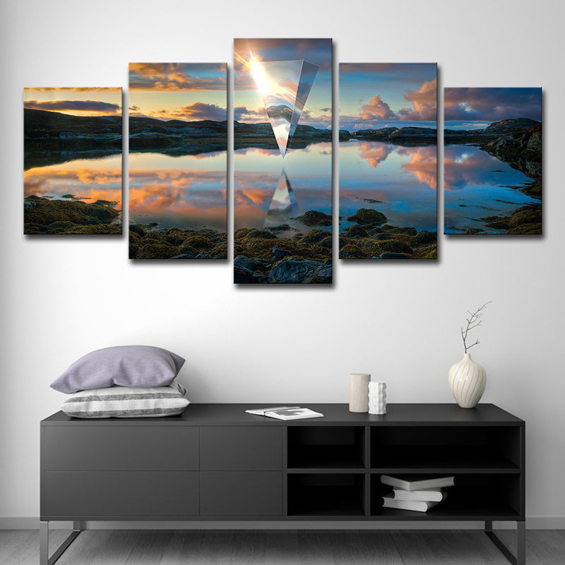 Sunset Lake Reflection Canvas Art Modern Picturesque Scenery Wall Decor in Blue for Home