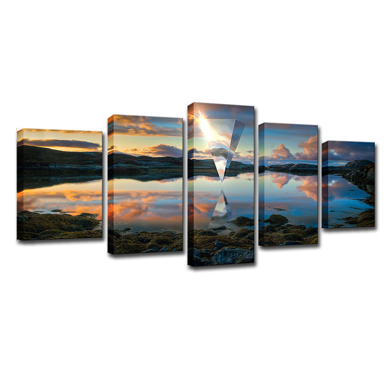 Sunset Lake Reflection Canvas Art Modern Picturesque Scenery Wall Decor in Blue for Home