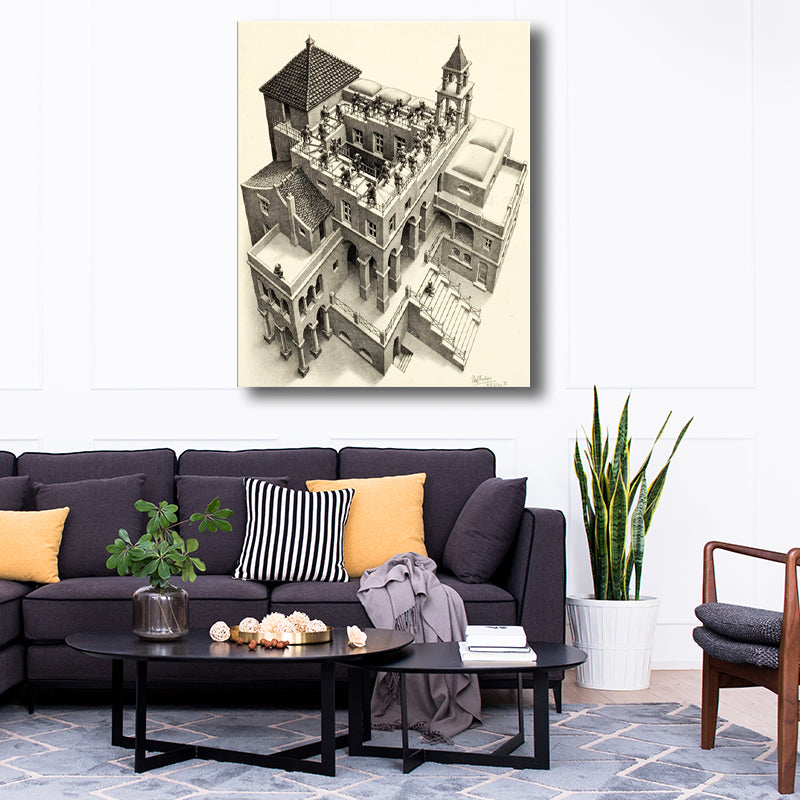 Pencil Drawing 3D Castle Canvas Print Contemporary Textured Wall Art Decor in Grey