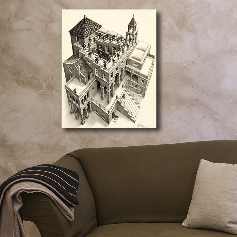 Pencil Drawing 3D Castle Canvas Print Contemporary Textured Wall Art Decor in Grey