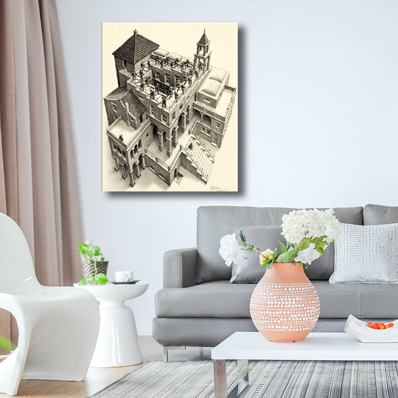 Pencil Drawing 3D Castle Canvas Print Contemporary Textured Wall Art Decor in Grey