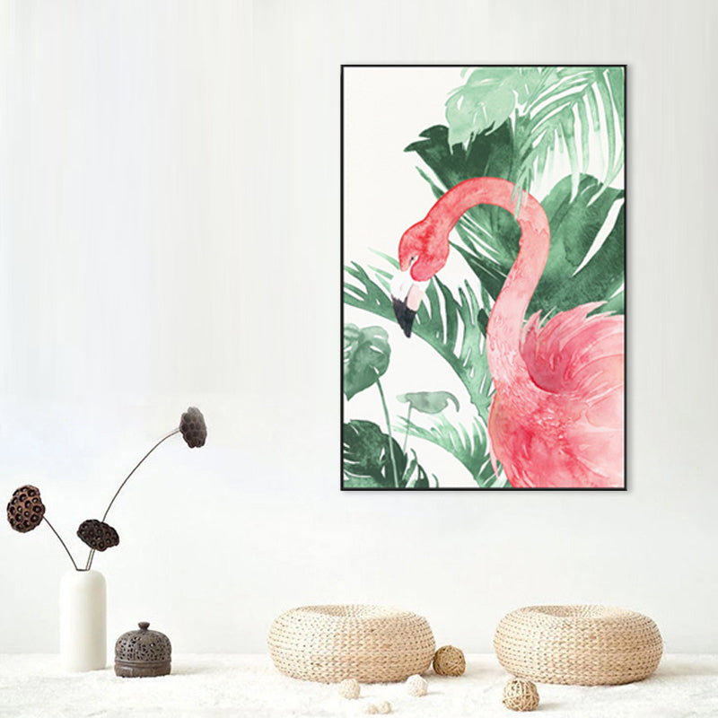 Tropical Style Flamingo Painting in Pastel Color Textured Canvas for Dining Room