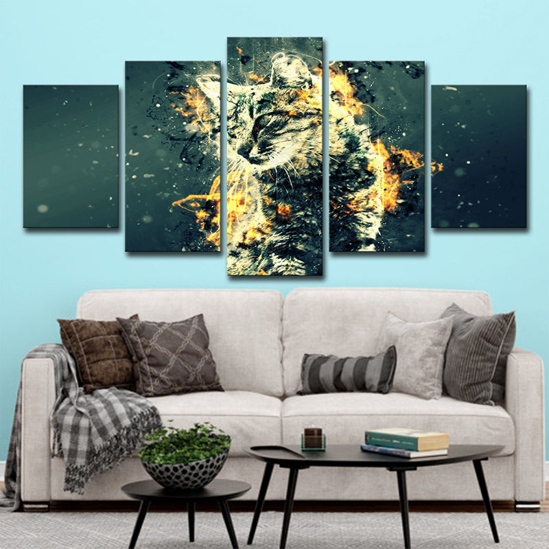 Digital Print Kitty Canvas Green and Gold Modern Style Wall Art Decor for Bedroom