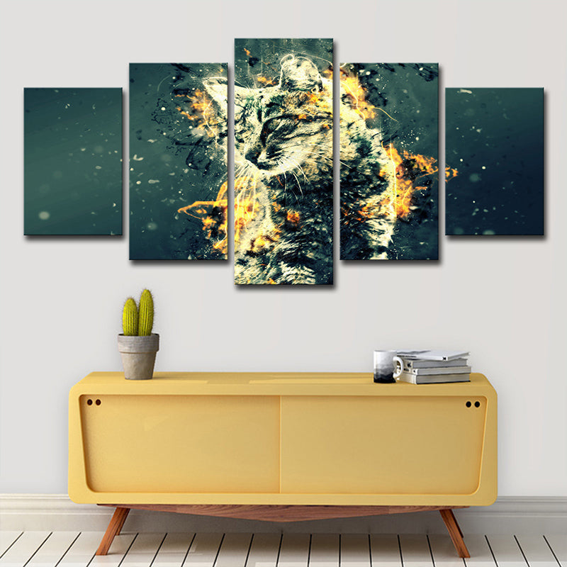 Digital Print Kitty Canvas Green and Gold Modern Style Wall Art Decor for Bedroom