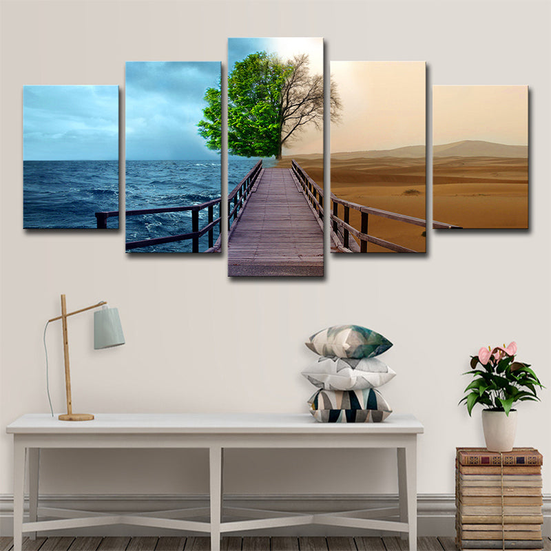 Modern Split Scenery Canvas Print Black Ocean and Desert Landscape Wall Art for Home