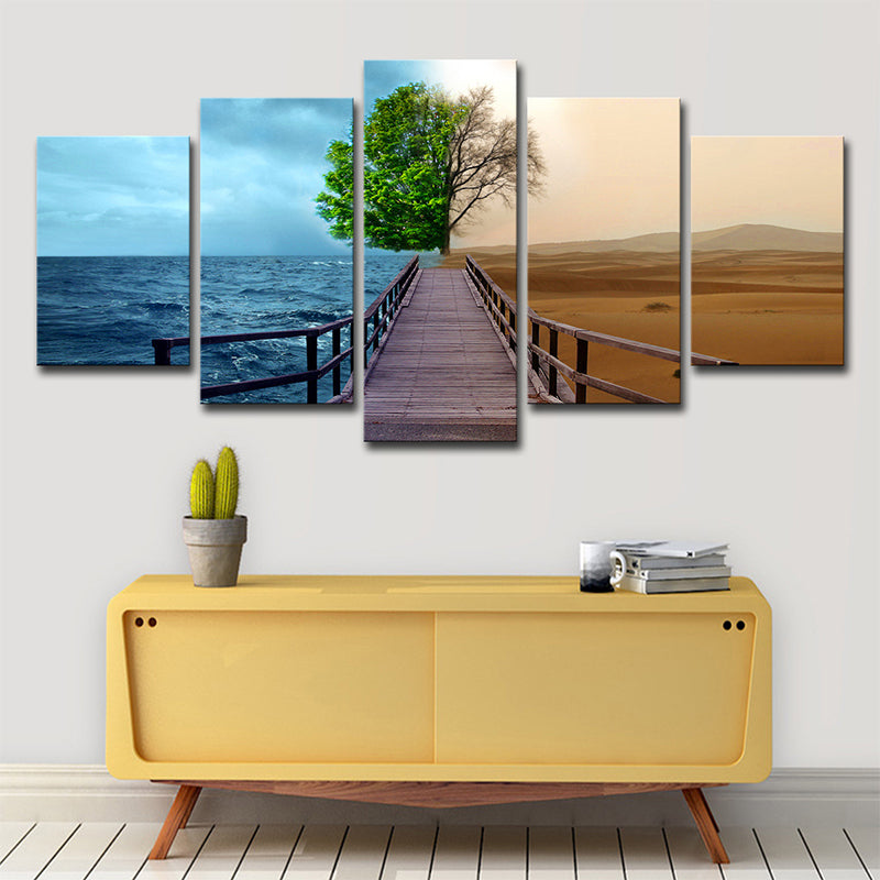 Modern Split Scenery Canvas Print Black Ocean and Desert Landscape Wall Art for Home