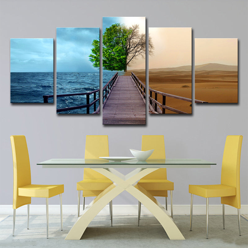 Modern Split Scenery Canvas Print Black Ocean and Desert Landscape Wall Art for Home