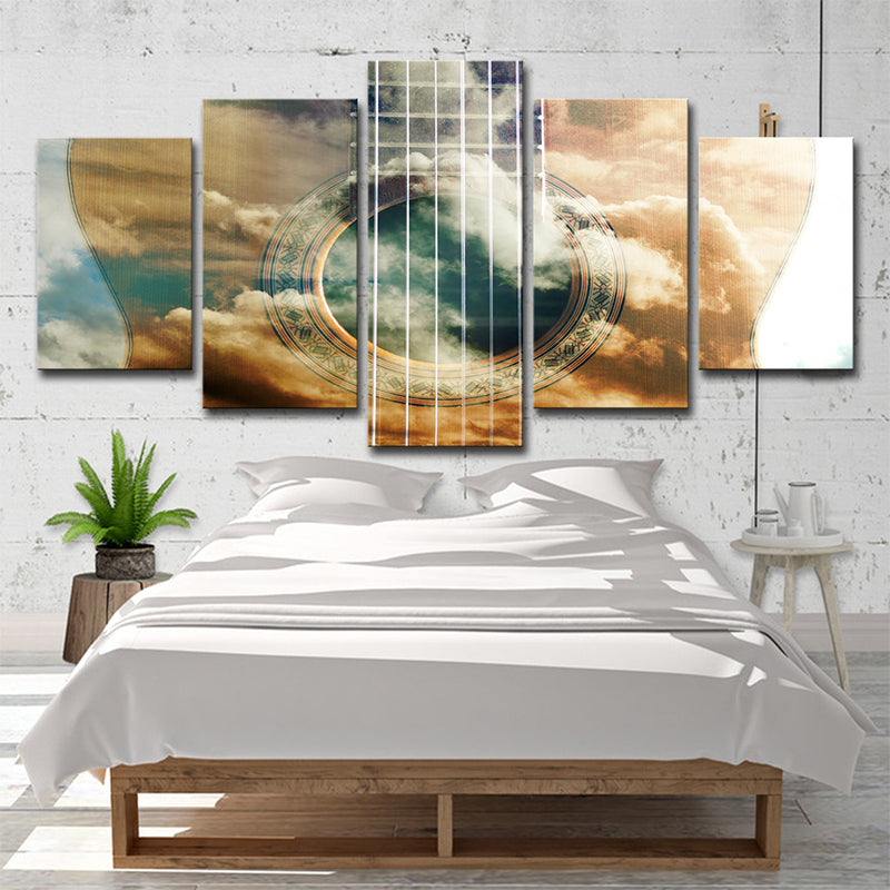 Yellow Guitar Wall Art Cloudy Sky Patterned Modern Multi-Piece Canvas Print