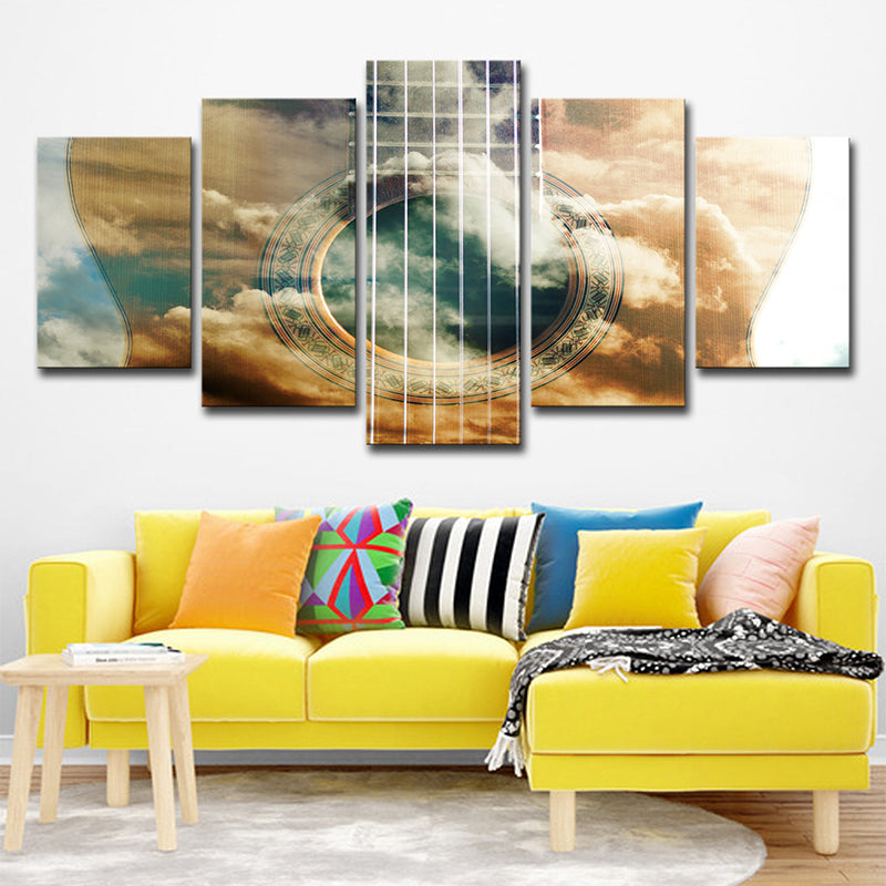 Yellow Guitar Wall Art Cloudy Sky Patterned Modern Multi-Piece Canvas Print