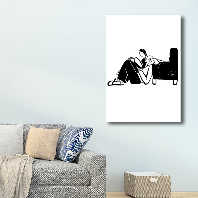 Mans Leisure Time Drawing Canvas in Black and White Minimalism Wall Art for Room