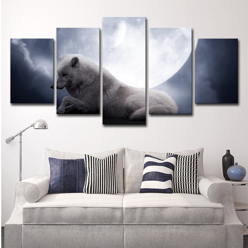 White Wolf and Moon Art Print Multi-Piece Modernism Sitting Room Wall Decoration