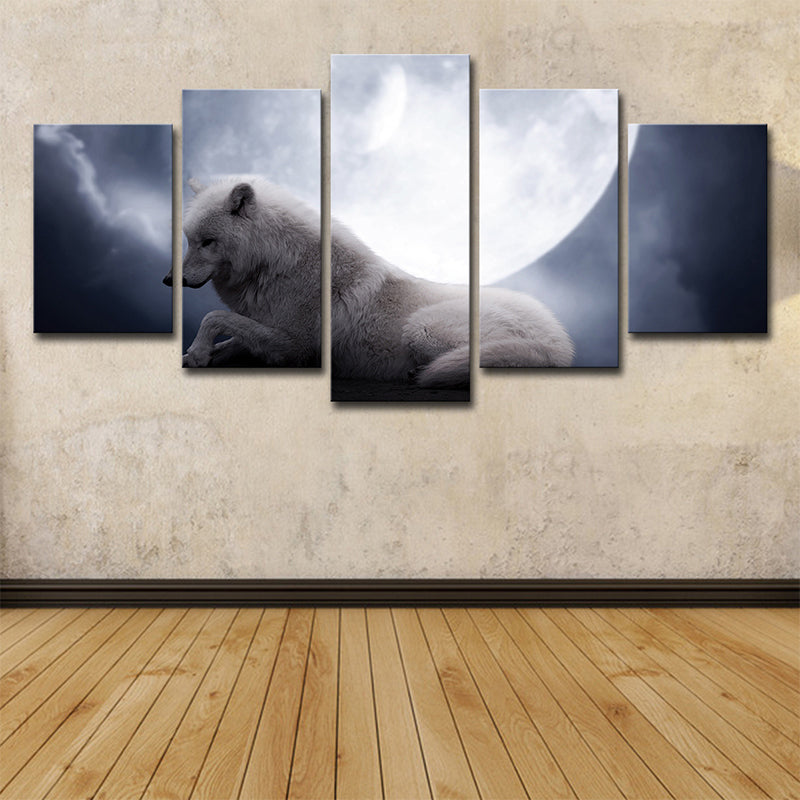 White Wolf and Moon Art Print Multi-Piece Modernism Sitting Room Wall Decoration