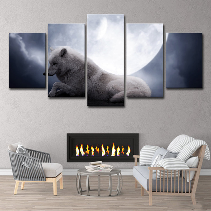 White Wolf and Moon Art Print Multi-Piece Modernism Sitting Room Wall Decoration