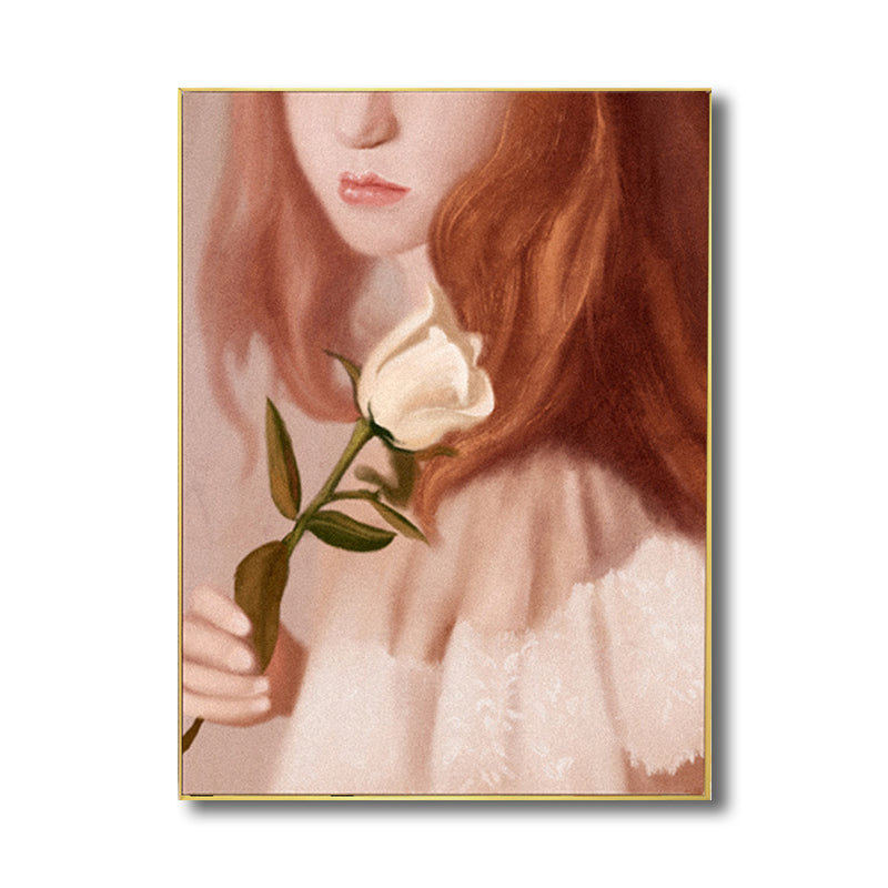 Girl with Rose Wall Art Countryside Canvas Painting in Brown for Living Room, Multiple Sizes