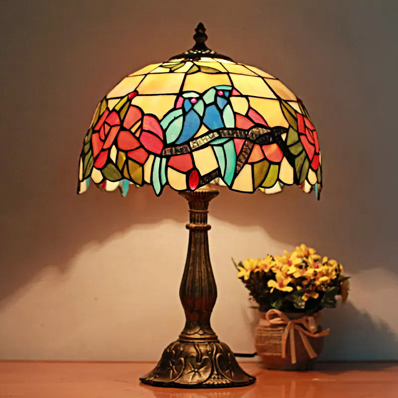 Rustic Parrot Table Lamp with Rose 1 Light Stained Glass Table Lighting in Brass/Copper for Bedroom