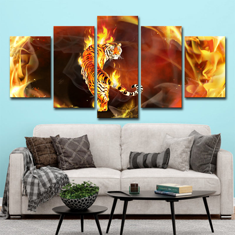 Yellow Tiger on Fire Canvas Animal Modern Multi-Piece Wall Art Decor for Living Room