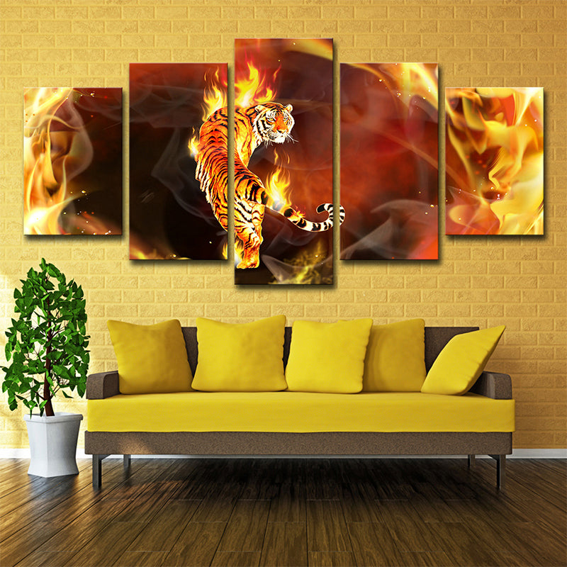 Yellow Tiger on Fire Canvas Animal Modern Multi-Piece Wall Art Decor for Living Room