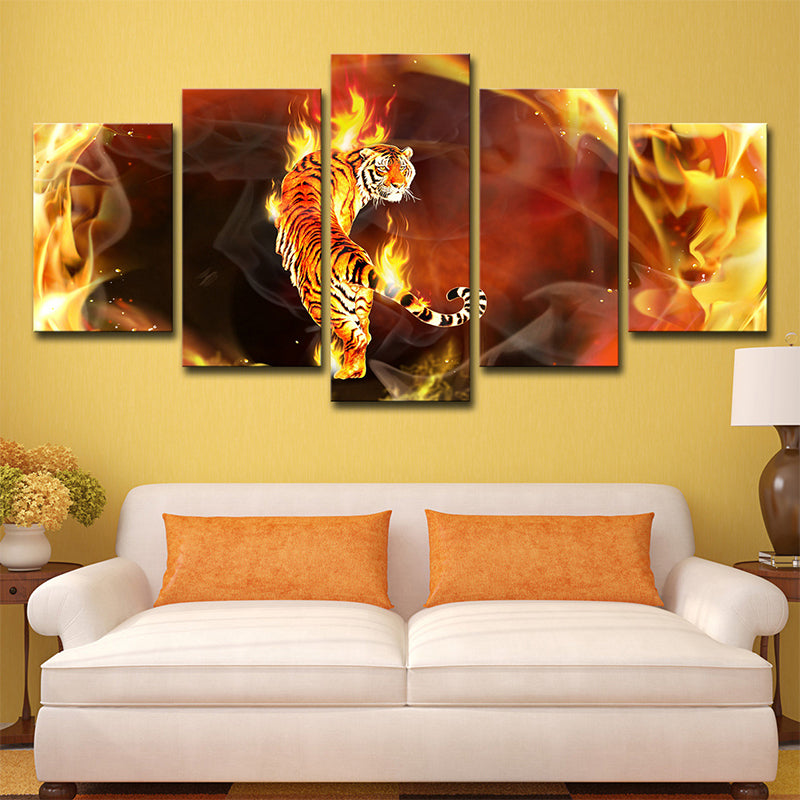 Yellow Tiger on Fire Canvas Animal Modern Multi-Piece Wall Art Decor for Living Room