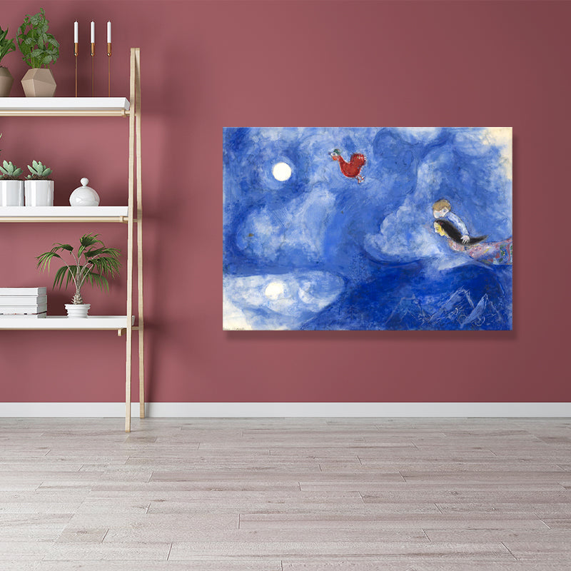 Lovers in the Moonlight Painting Country Canvas Textured Wall Decor in Blue for Living Room