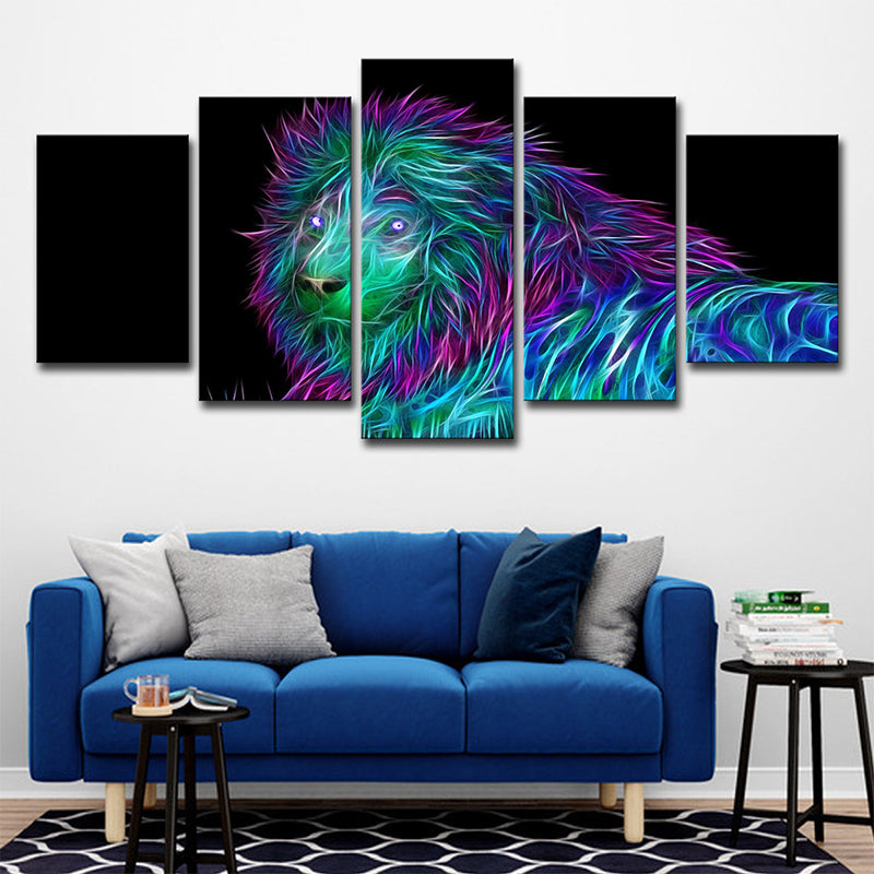 Lion King Canvas Art Modern Multi-Piece Wall Decor in Purple-Blue on Black for Room