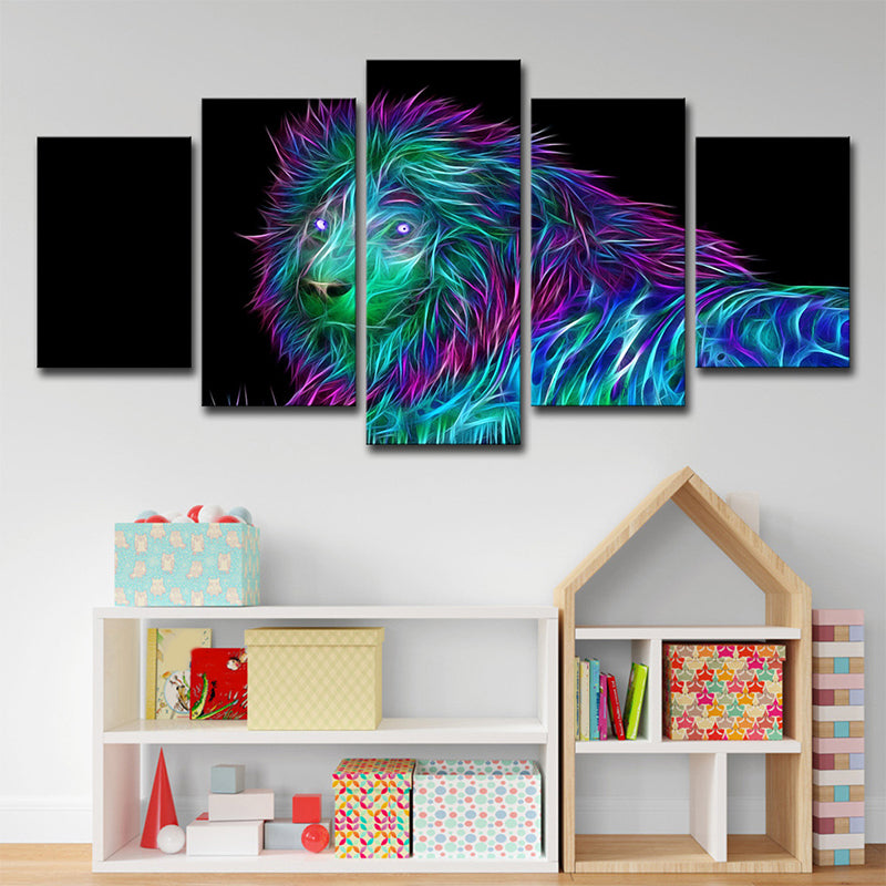 Lion King Canvas Art Modern Multi-Piece Wall Decor in Purple-Blue on Black for Room