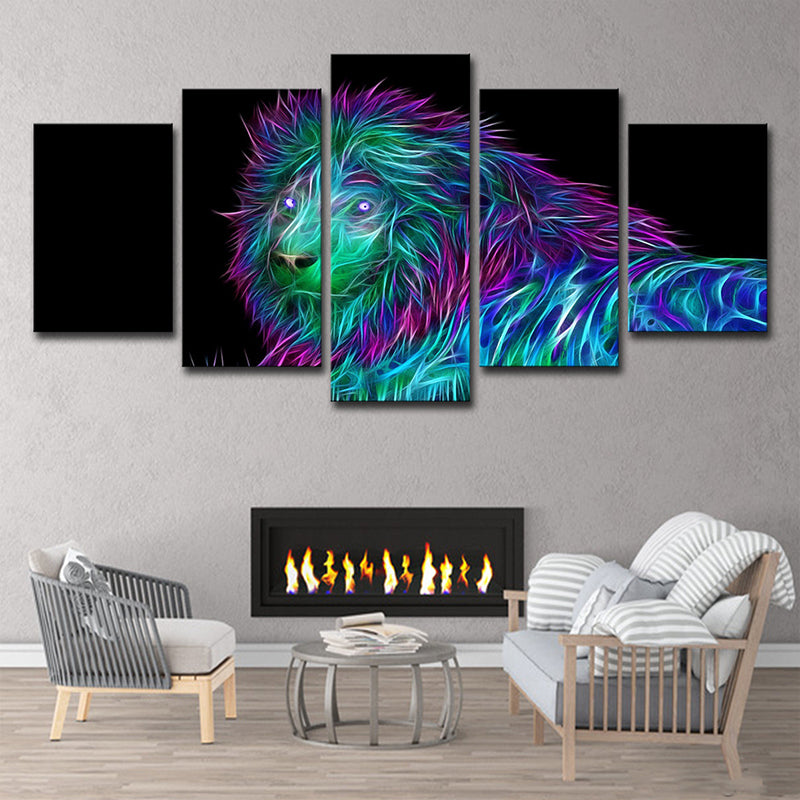 Lion King Canvas Art Modern Multi-Piece Wall Decor in Purple-Blue on Black for Room