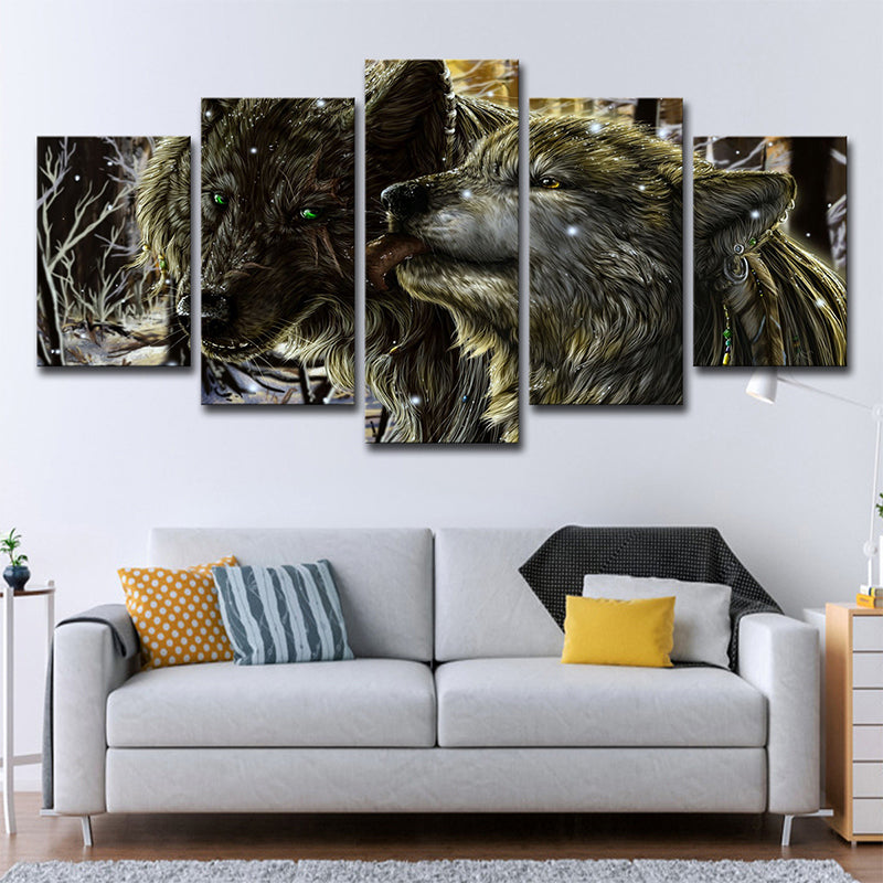 Winterscape Wolves Wall Art Decor Modern Multi-Piece Canvas Print in Yellow for Room