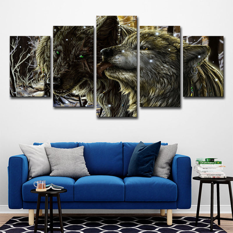 Winterscape Wolves Wall Art Decor Modern Multi-Piece Canvas Print in Yellow for Room