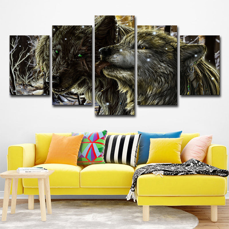 Winterscape Wolves Wall Art Decor Modern Multi-Piece Canvas Print in Yellow for Room