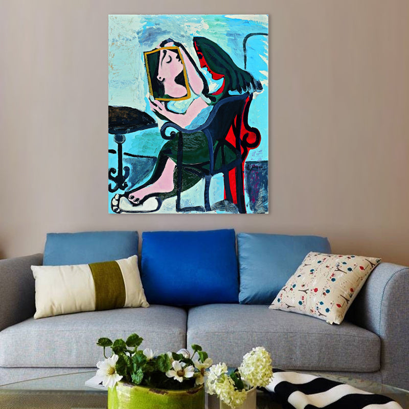 Traditional People Wall Decor Abstract Woman Looking in the Mirror Blue Canvas Art for Living Room