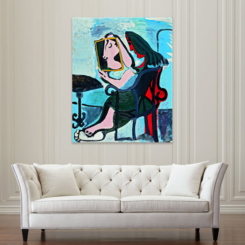 Traditional People Wall Decor Abstract Woman Looking in the Mirror Blue Canvas Art for Living Room