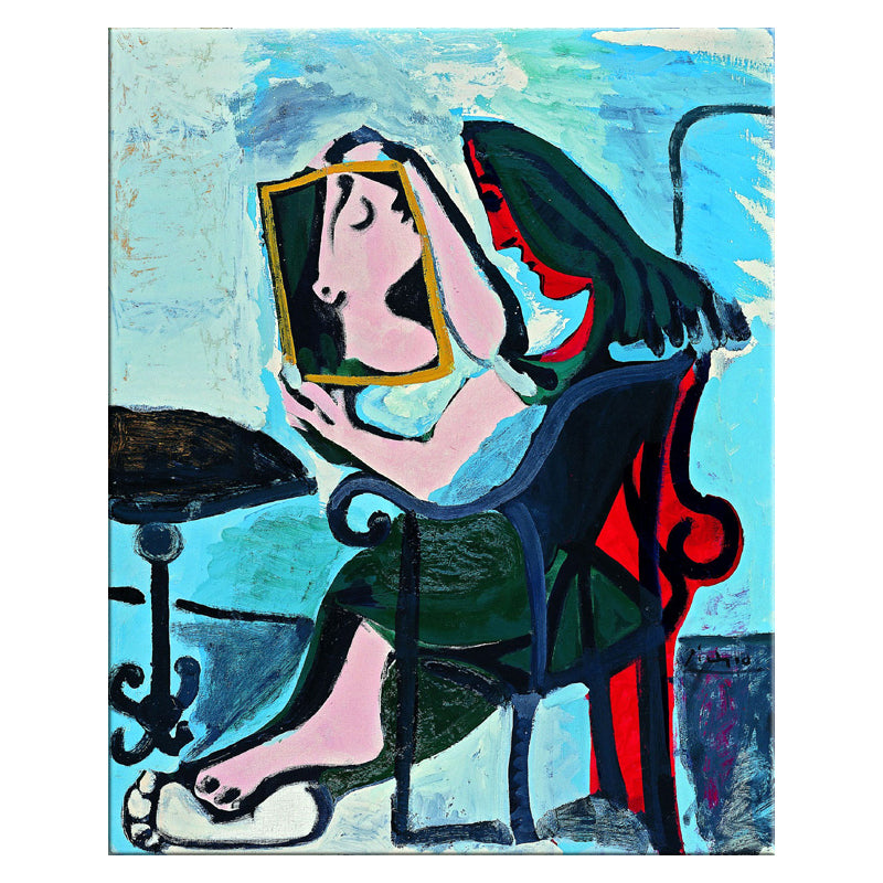 Traditional People Wall Decor Abstract Woman Looking in the Mirror Blue Canvas Art for Living Room