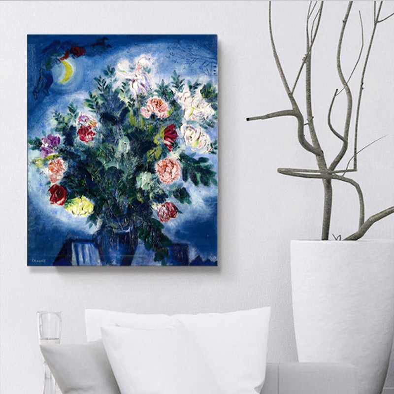 Textured People Painting A Bunch of Flowers and Moon Blue Wall Art Decor for Bedroom